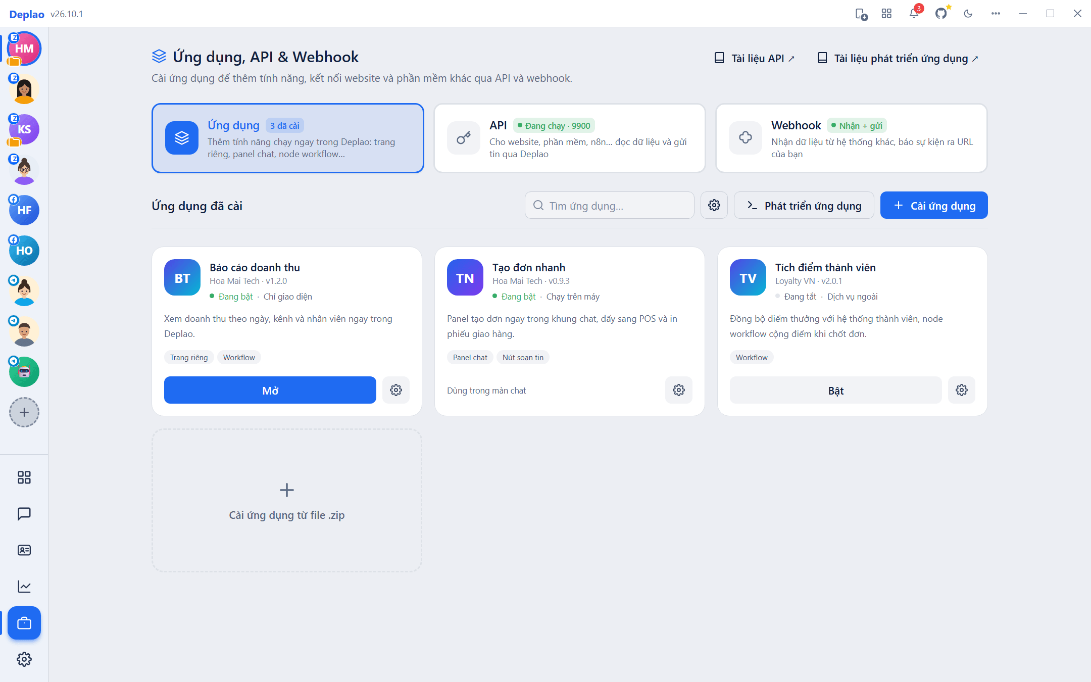 Ứng dụng, API và Webhook trong Deplao