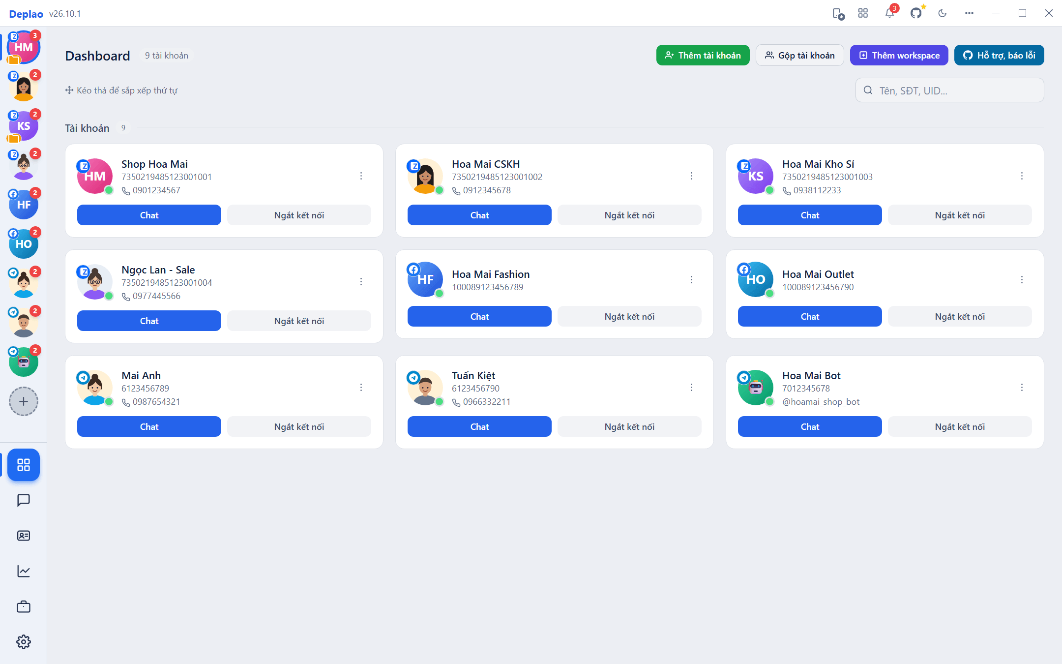 Dashboard quản lý đa tài khoản Zalo, Facebook, Telegram trong Deplao